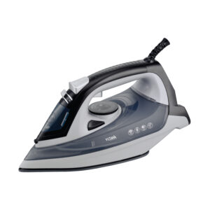 Steam and dry iron with 1800W power, adjustable thermostat, spray water function, swivel cord, and overheat protection
