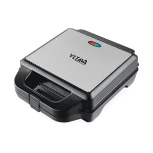 1400W electric sandwich maker with ready and heating light indicator, non-stick surface, heat-proof handle, and secure close switch.