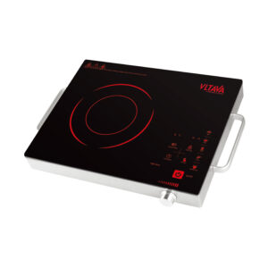 Electric cooker with high tempered crystallite panel, 4-digit digital display, flat-bottom cookware compatibility, temperature reminder, 2000W power