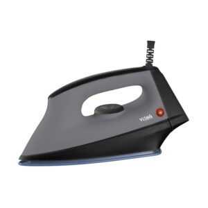 1200W ceramic-coated dry iron with adjustable temperature control knob, thermostat indicator light, long-life snap action thermostat, and heat-resistant plastic handle