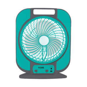 8-inch rechargeable table fan with 2-in-1 DC operation, ABS body with carry handle, 8 SMD LED emergency light 120LM, 3.7V 2400mAh Li-ion battery, 3-speed control, 5V USB charging, overcharge and over-discharge protection.