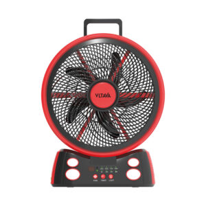 14-inch rechargeable AC/DC table fan with 12V 7Ah lead-acid battery, 6-speed 1650 RPM motor, ABS body with 5 blades, battery level display, power bank function, and timer, AC 220-240V input.
