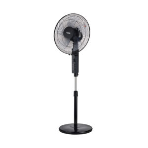 Adjustable standing fan with piano button switches, 3 speeds, five-leaf blades, 60-minute timer, and wide-angle oscillation.