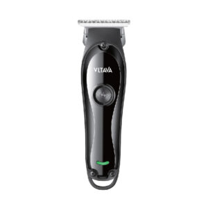 Precision stainless steel hair trimmer with powerful motor, T-blade design, two-speed settings, lithium battery, USB charging, and universal voltage