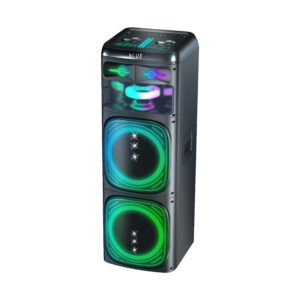 500W portable PA speaker with dual 12.5-inch drivers, 38Hz–18kHz frequency response, 10m range, and 12V 7Ah battery.