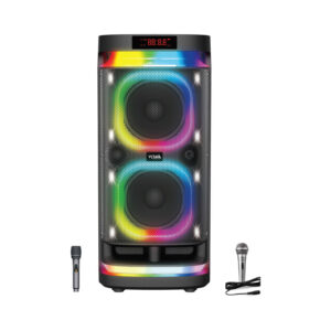 75W Bluetooth speaker with LED display, RGB lights, wireless/wired microphones, 10m range, AUX input, r.echargeable Li-Ion battery, and 256GB memory support.