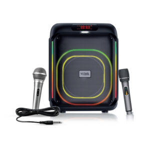 45W Bluetooth 5.3 speaker with polychromatic LED lights, wireless/wired microphones, 3000mAh Li-Ion battery, and 256GB memory support