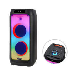 Dual 8-inch 40W portable Bluetooth speaker with USB, AUX, TF card, mic input, colorful LED lights, and rechargeable battery