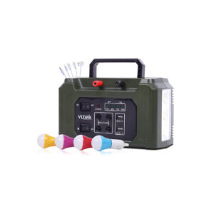 12V 7000mAh rechargeable lead-acid power station with 5W COB LED light, 15V solar panel, 4 LED bulbs with 5m cables, USB mobile charger ports, and multi-head charging cable.